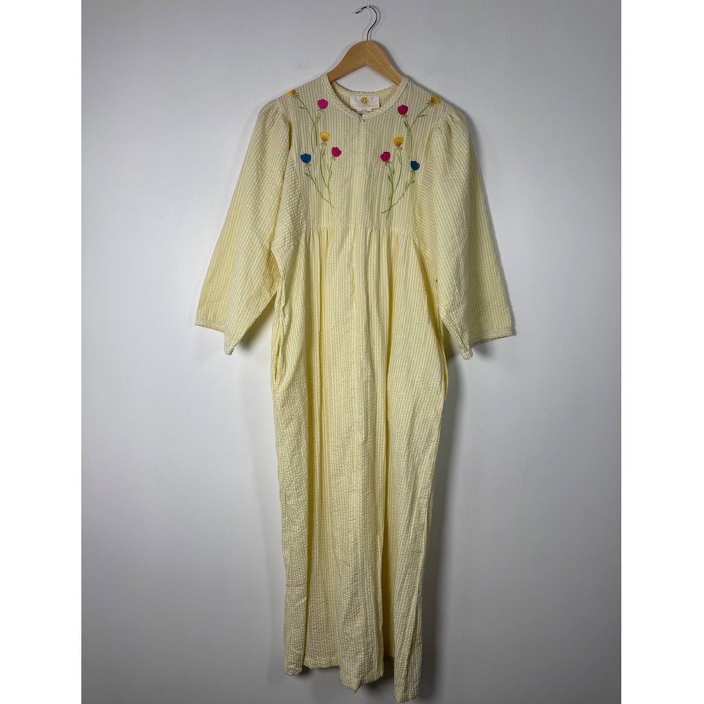 Vintage Stan Herman Women Small House Dress Yellow Seersucker Floral Zip Front